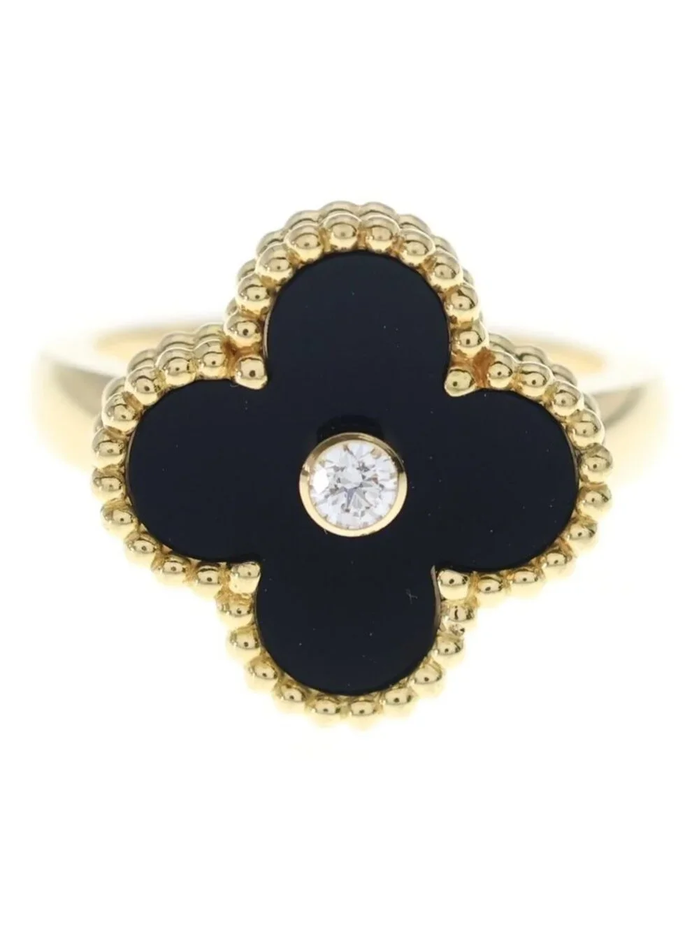 Van Cleef & Arpels Vintage Alhambra Onyx Diamond Ring Yellow Gold Black